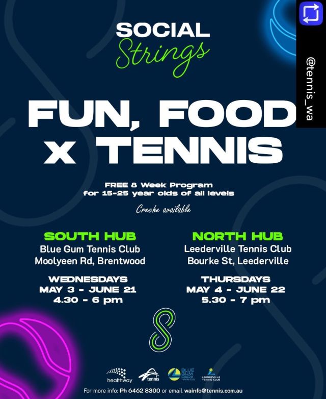 Repost from @tennis_wa using repost_now_app - 
🚀 Launching a fun, modified tennis program for all abilities. Social Strings is a free eight week program for 15-25 year old's of all levels.

🎾 Join us on Wednesdays at Blue Gum Tennis Club or Thursdays at Leederville Tennis Club starting first week of May.

Sign up via the link in @tennis_wa bio